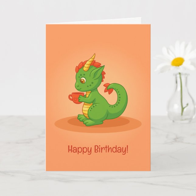 Carte d'anniversaire orange avec un bébé dragon mi (Petite plante)