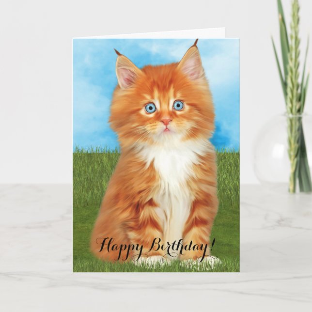 Carte d'anniversaire orange d'yeux bleus de chaton (Devant)