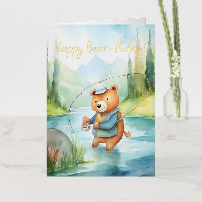 Carte d'anniversaire ours aquarelle amateur de pêc (Fleur)