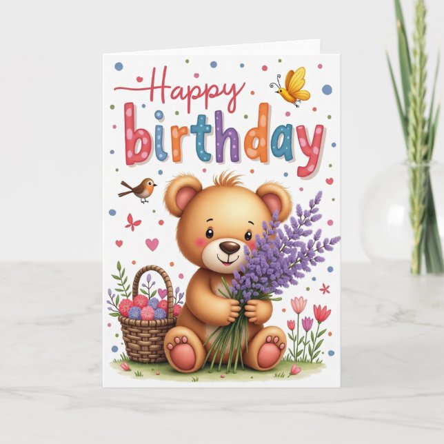 Carte d'anniversaire Ours en peluche lavande (Devant)