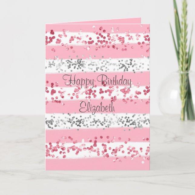 Carte d'anniversaire Pailletée Rose Blanc Gris Arg (Devant)