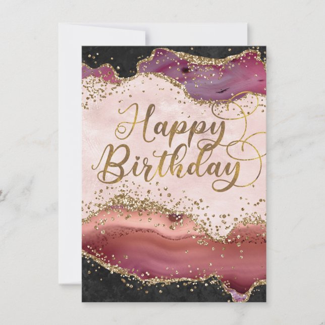 Carte d'anniversaire Paillettes d'agate rose et or (Devant)