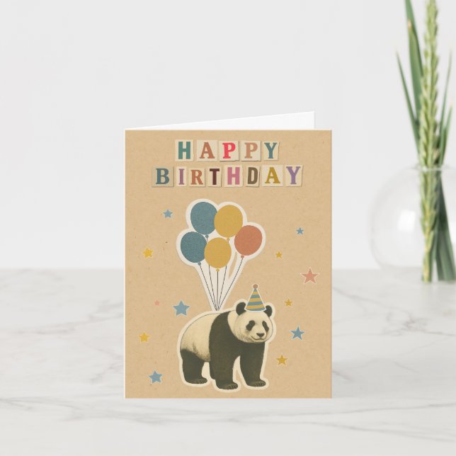 Carte d'anniversaire Panda vintage avec ballons (Devant)