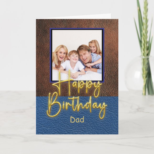 Carte d'anniversaire Papa écriture dorée cuir bleu (Devant)