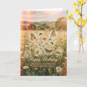 Carte d'anniversaire Papillon Abeille Prairie Fleu