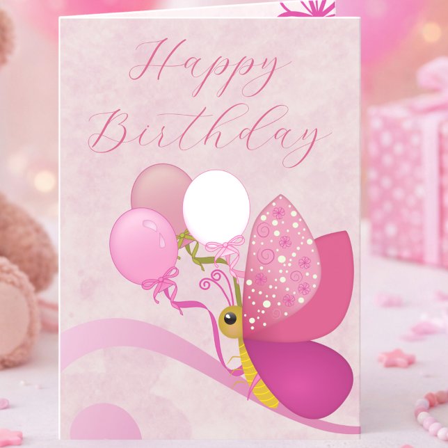 Carte d'anniversaire Papillon aux Teintes de Rose  (Birthday wishes in pink. A cheerful butterfly card with balloons and elegant script. Custom message.)