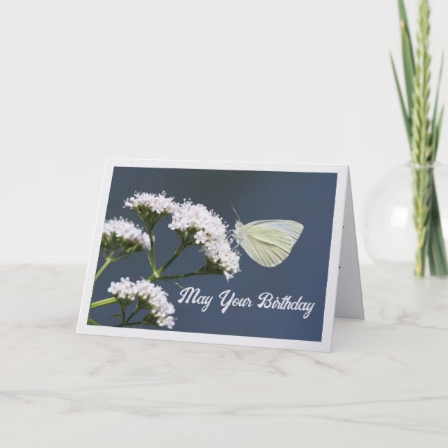Carte d'anniversaire Papillon Blanc Sur Fleurs (Devant)