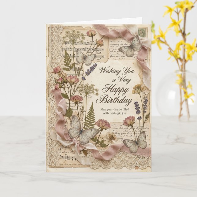 Carte d'anniversaire papillon fleur pressée vintag (Fleur jaune)