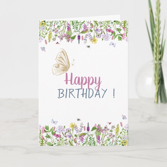 Carte d'anniversaire papillon pailleté or pré chic (Devant)