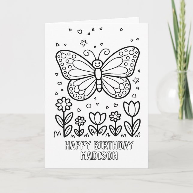 carte d'anniversaire papillon pliée à colorier soi (Devant)