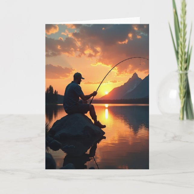 Carte d'anniversaire Pêche au coucher du soleil (Devant)