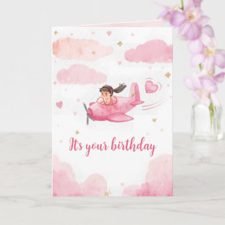 Carte d'anniversaire personnalisée avion rose