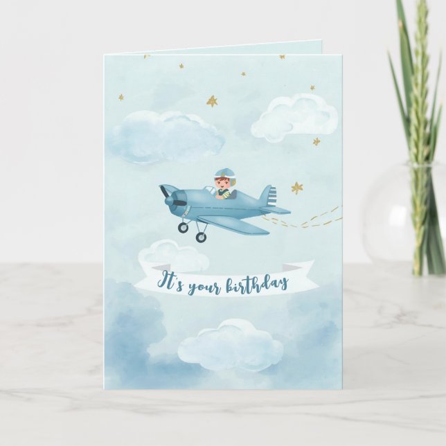 Carte d'anniversaire personnalisée d'avion bleu (Devant)