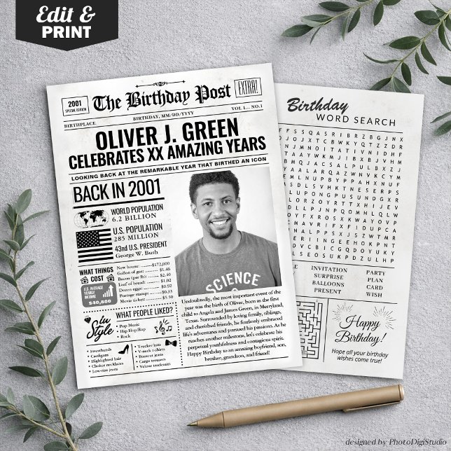 Carte d'anniversaire personnalisée de journal de 2 (Custom Back in 2001 Newspaper Birthday Card, Trend Holiday Card)