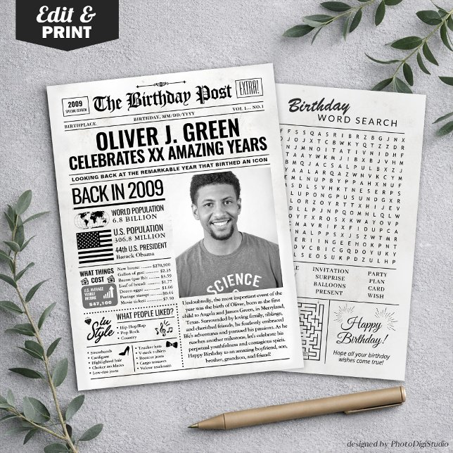 Carte d'anniversaire personnalisée de journal de 2 (Custom Back in 2009 Newspaper Birthday Card, Trend Holiday Card)