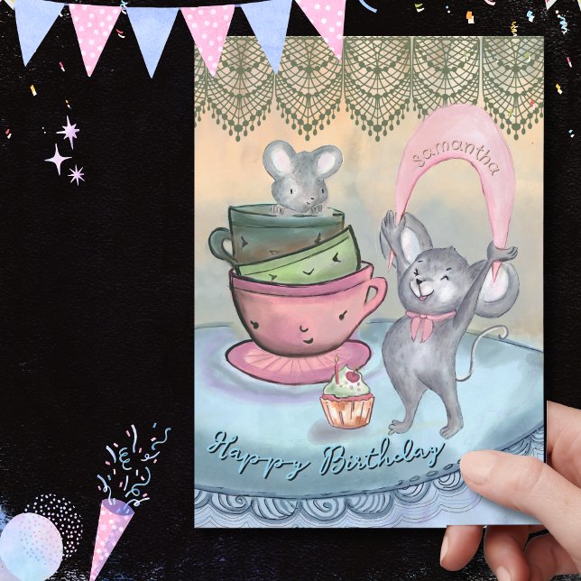 Carte d'anniversaire personnalisée Funny Mice Teac (Funny Mice in Teacup Persnalized Birthday Card)