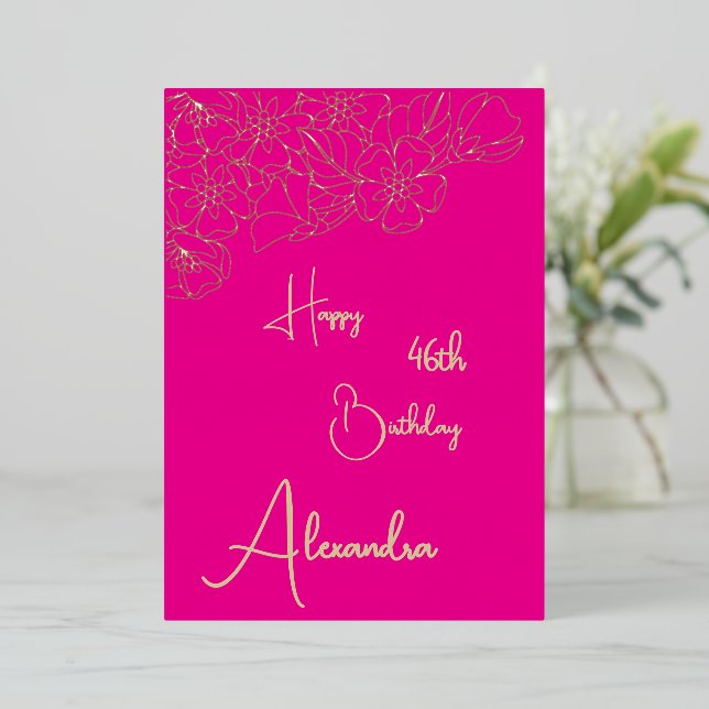 Carte d'anniversaire personnelle rose et or nommée (Debout devant)