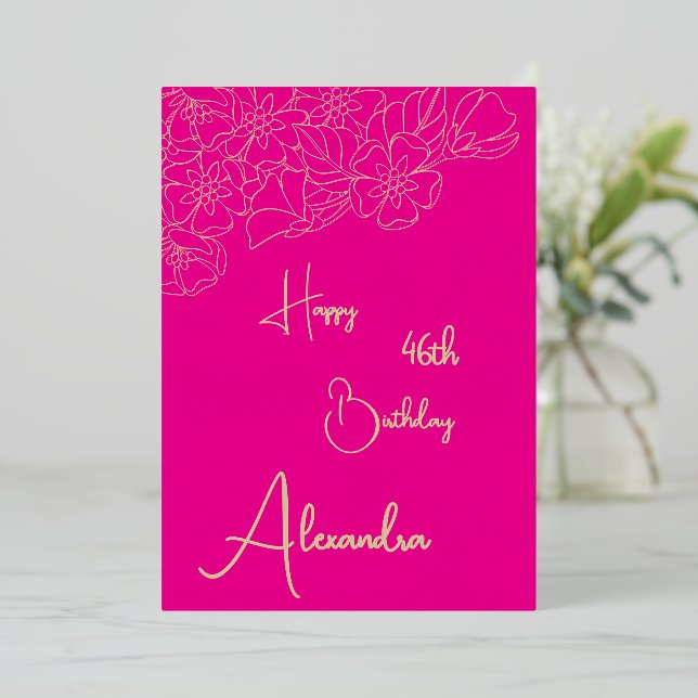 Carte d'anniversaire personnelle rose et or nommée (Debout devant)