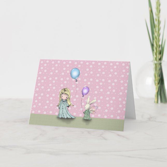 Carte d'anniversaire Petite Fille et Lapin avec Ba (Devant)