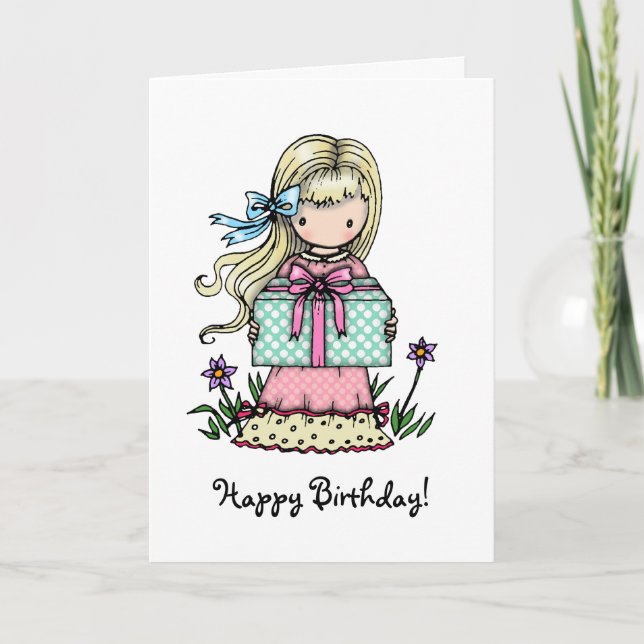 Carte d'anniversaire Petite Fille Tenant un Cadeau (Devant)