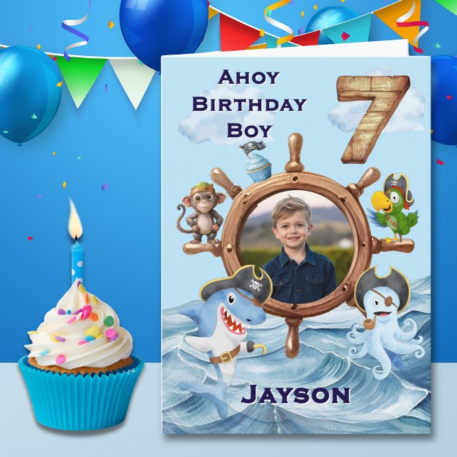 Carte d'anniversaire pirate 7 ans avec une photo (Créateur téléchargé)
