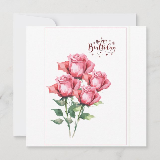 Carte d'anniversaire plate à aquarelle de roses ro (Devant)