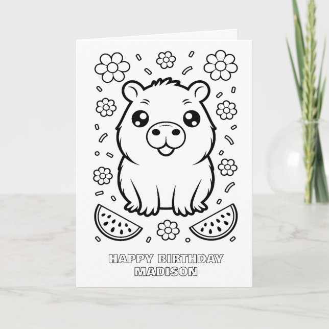 carte d'anniversaire pliée à colorier capybara DIY (Devant)
