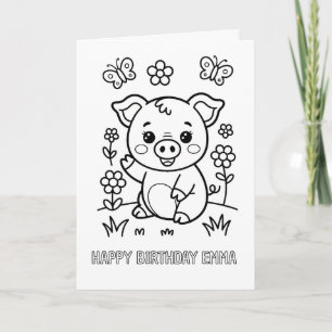 carte d'anniversaire pliée à colorier DIY cochon