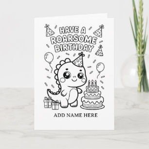 carte d'anniversaire pliée à colorier DIY dinosaur