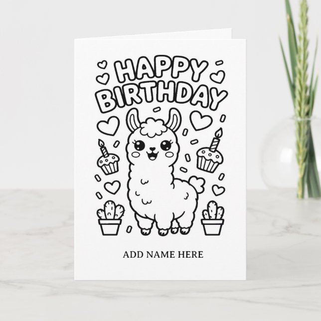 carte d'anniversaire pliée à colorier DIY lama (Devant)
