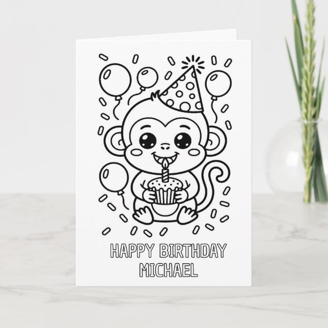 carte d'anniversaire pliée à colorier DIY singe (Devant)