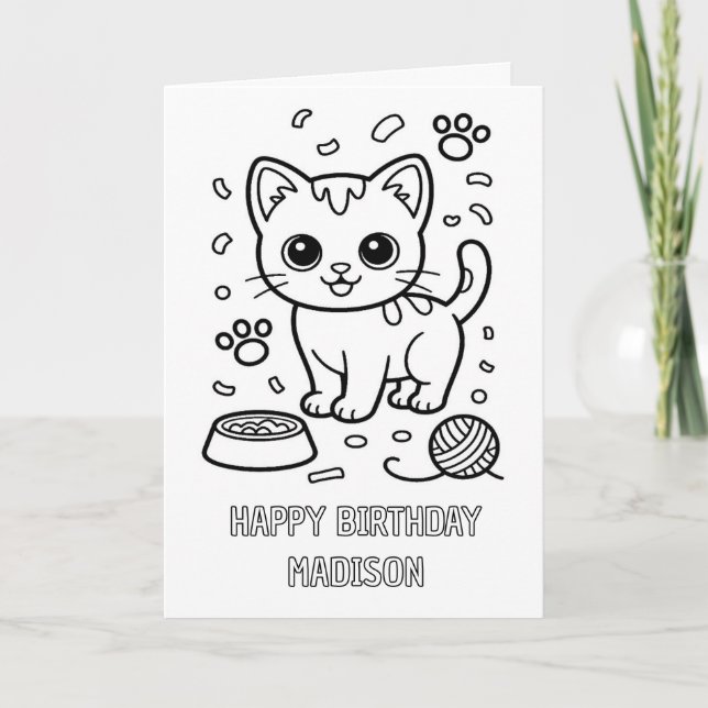 carte d'anniversaire pliée à colorier pour chat (Devant)