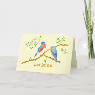Carte d'anniversaire pliée aux oiseaux bleus jaune