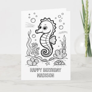 carte d'anniversaire pliée cheval de mer à colorie