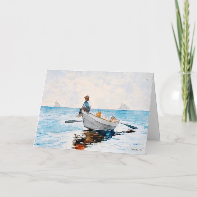 Carte d'anniversaire pliée d'enfants dans un batea (Devant)