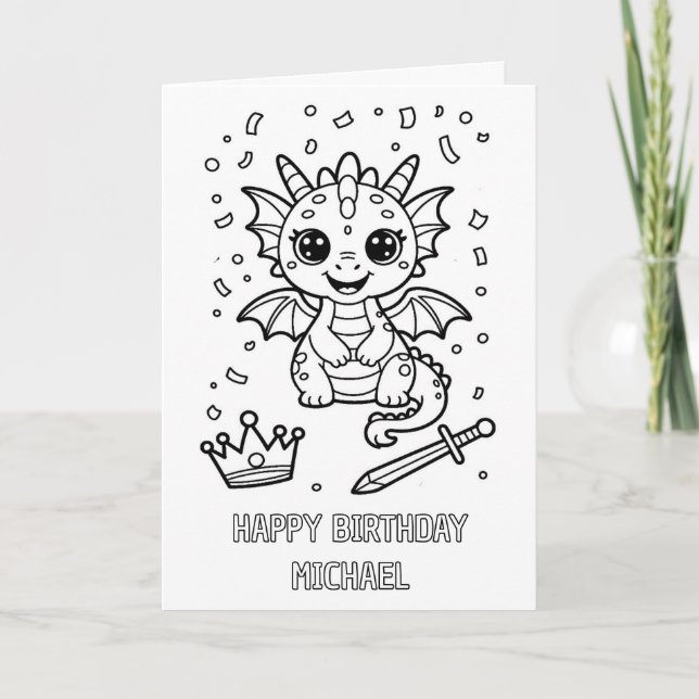 carte d'anniversaire pliée dragon à colorier DIY (Devant)