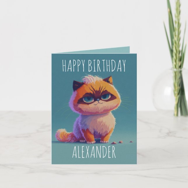 Carte d'anniversaire pliée pour chat malicieux mig (Devant)