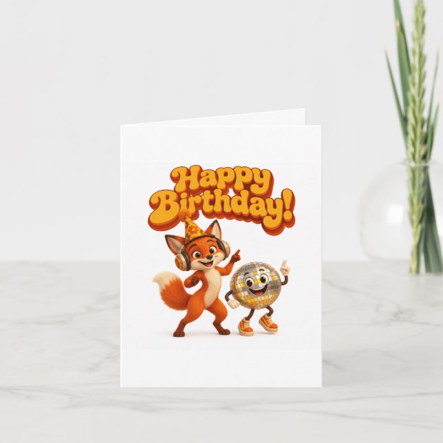 Carte d'anniversaire pliée Retro Disco Fox (Devant)