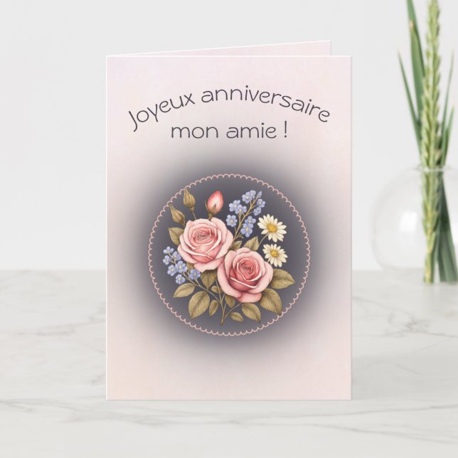 Carte d'anniversaire pliée, rose et myosotis  (Devant)