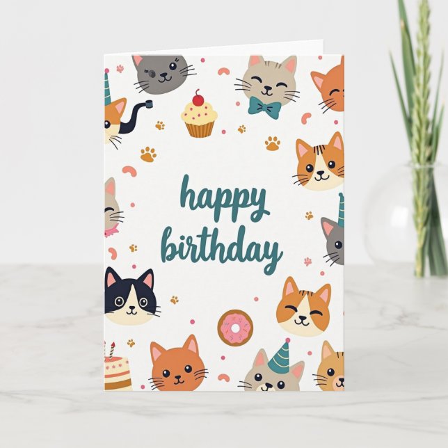 Carte d'anniversaire pour chat en art plat (Devant)