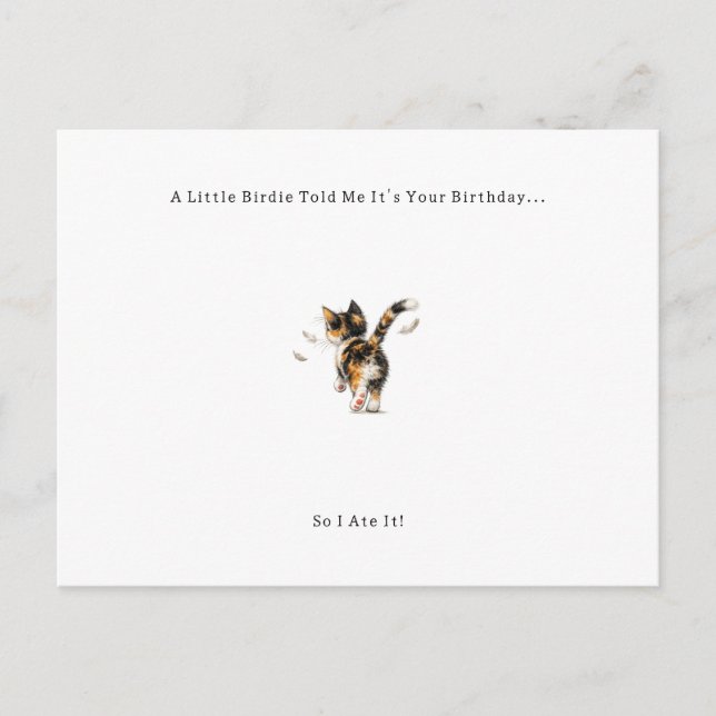 Carte d'anniversaire pour chat et oiseau drôle. (Devant)