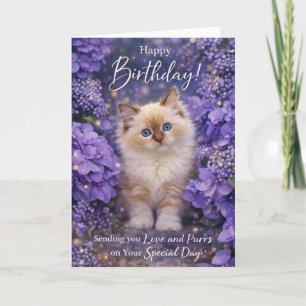 Carte d'anniversaire pour chat – Joli chaton et fl