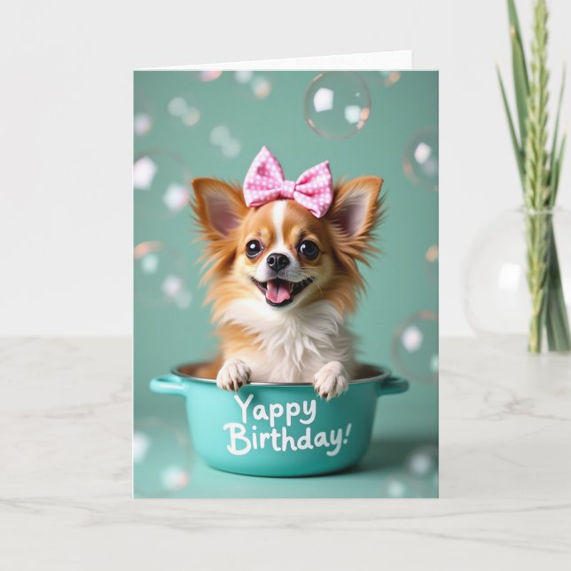 Carte d'anniversaire pour chiot dans un pot en tea (Devant)