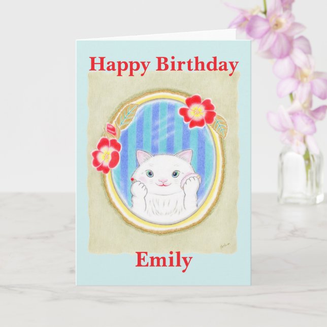 Carte d'anniversaire pour enfants avec chaton blan (Orchidée)
