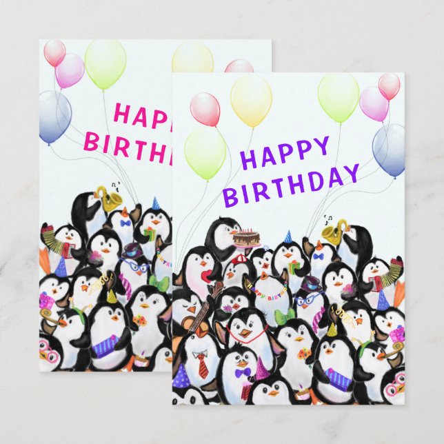 Carte d'anniversaire pour enfants Joyeux pingouin  (Devant / Derrière)