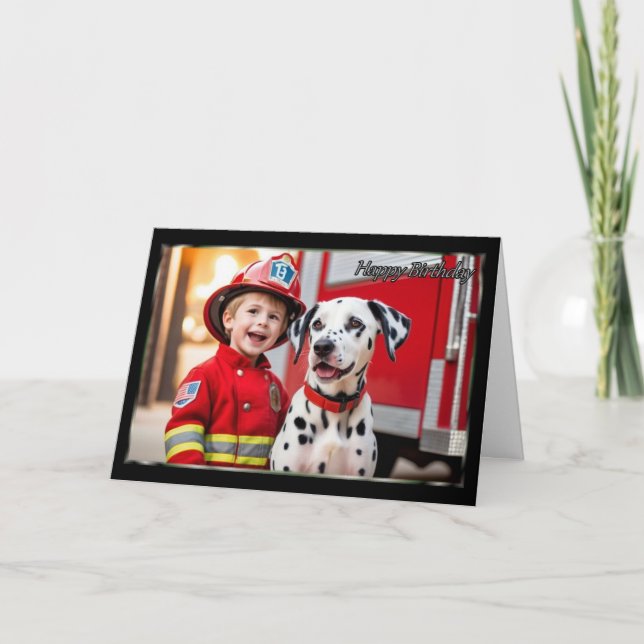 Carte d'anniversaire pour jeune pompier et dalmate (Devant)