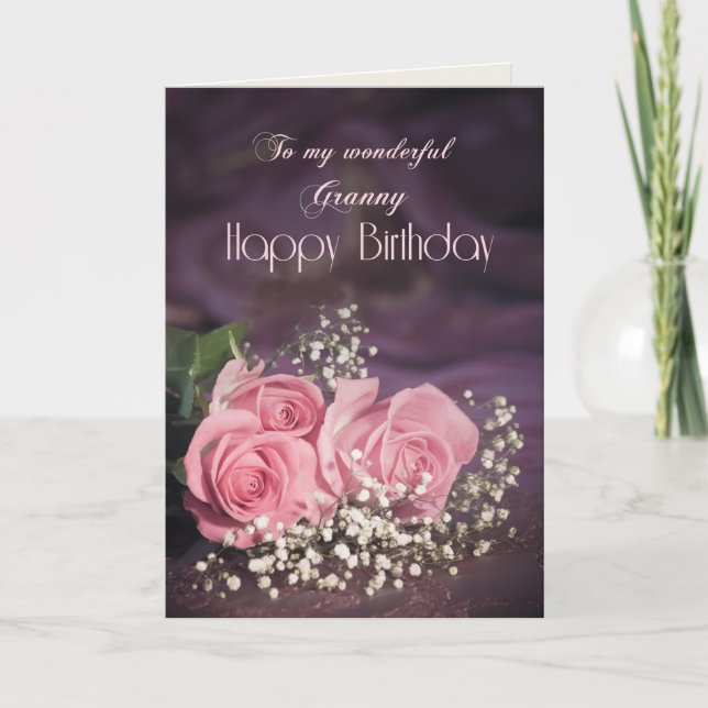 Carte d'anniversaire pour mamie avec roses roses r (Devant)