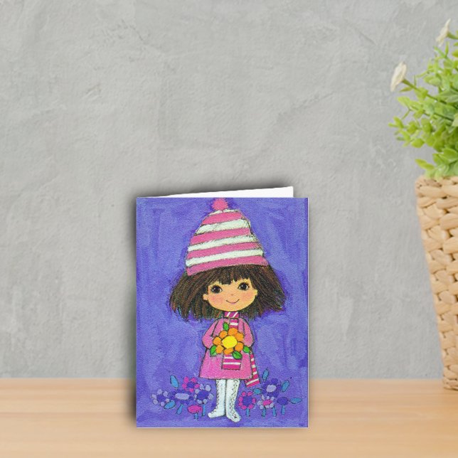 Carte d'anniversaire pour une douce petite fille a (Cute little girl dressed in pink white boots with flowers on purple notecards.)