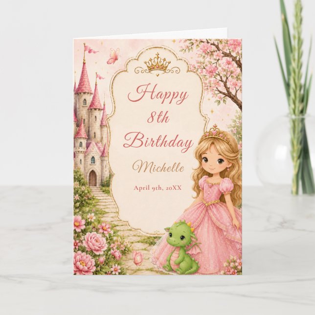 Carte d'anniversaire Princesse Château Dragon (Devant)