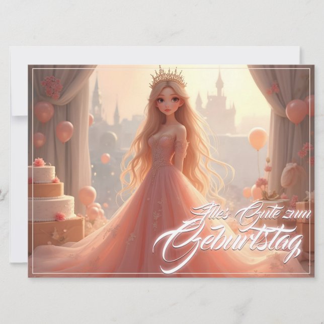 Carte d'anniversaire princesse en rose (Devant)